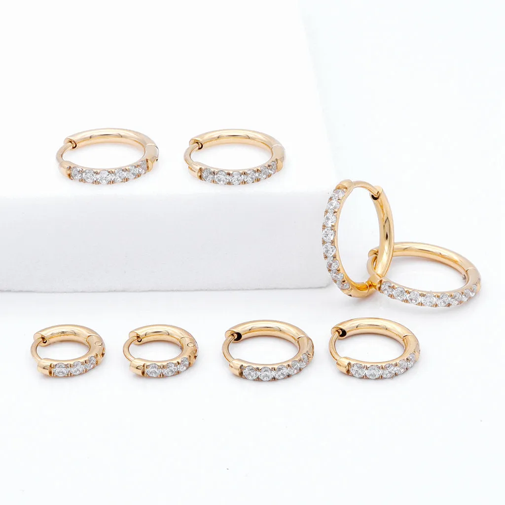 Stainless Steel Round CZ Huggie Hoop Earrings - Gold