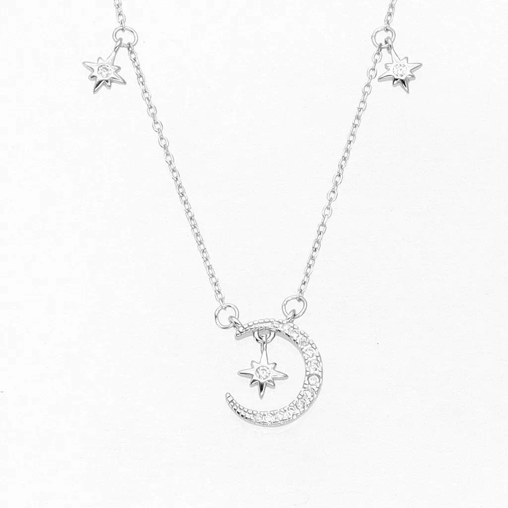 Sterling Silver Crescent and Stars Necklace