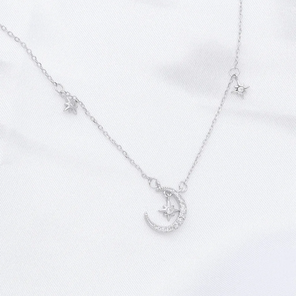 Sterling Silver Crescent and Stars Necklace