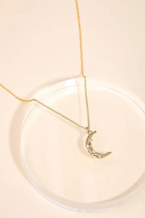 Studded Crescent Moon Charm Necklace