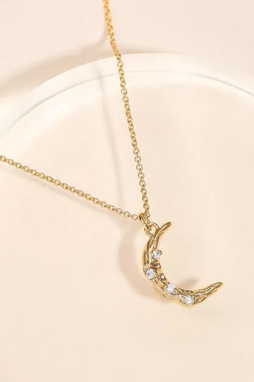 Studded Crescent Moon Charm Necklace