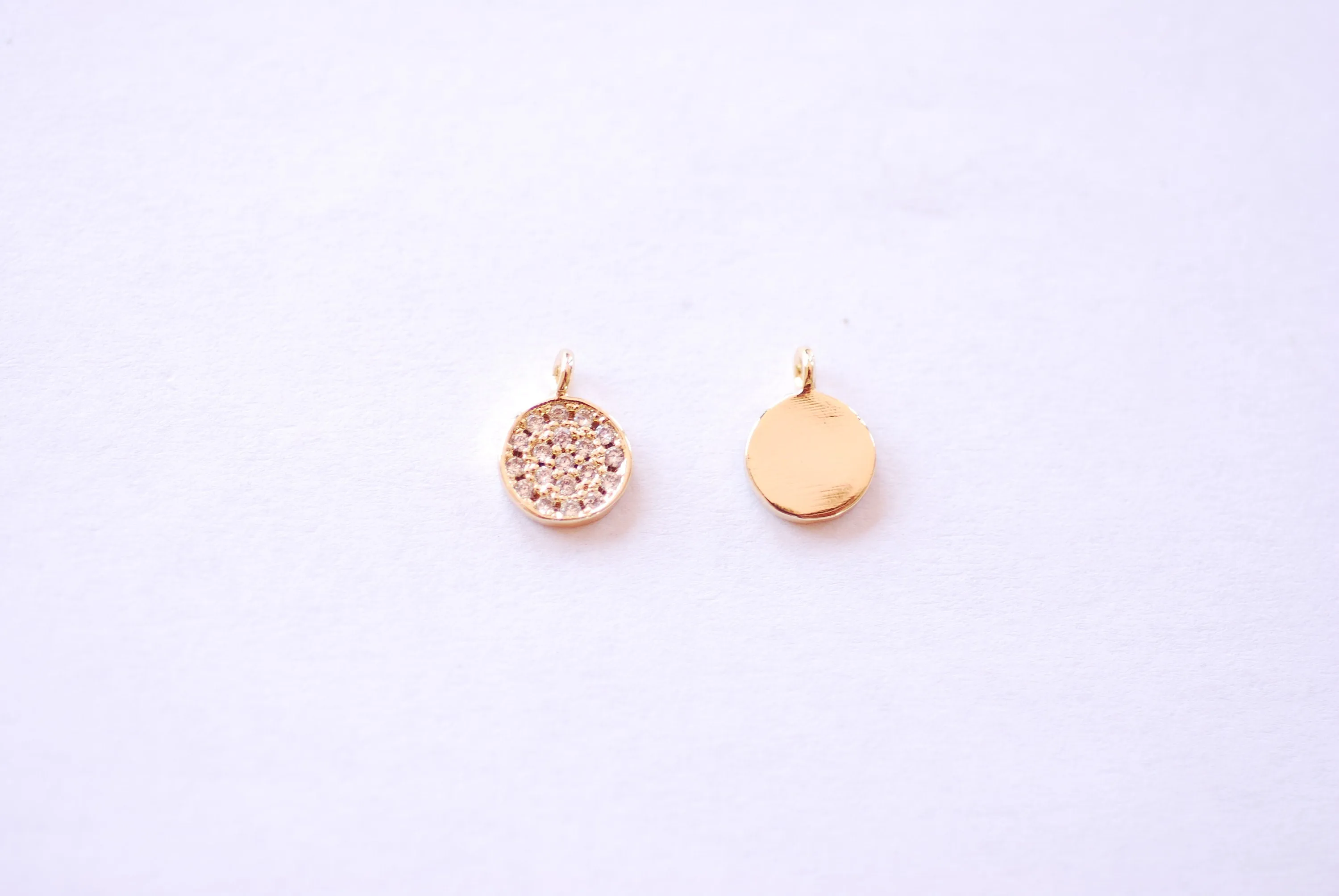 Wholesale 7mm Round Disc Circle Micro Pave CZ Charm - 16k Gold Plated over Brass Cubic Zirconia Small Shiny Clear Disc DIY HarperCrown B177