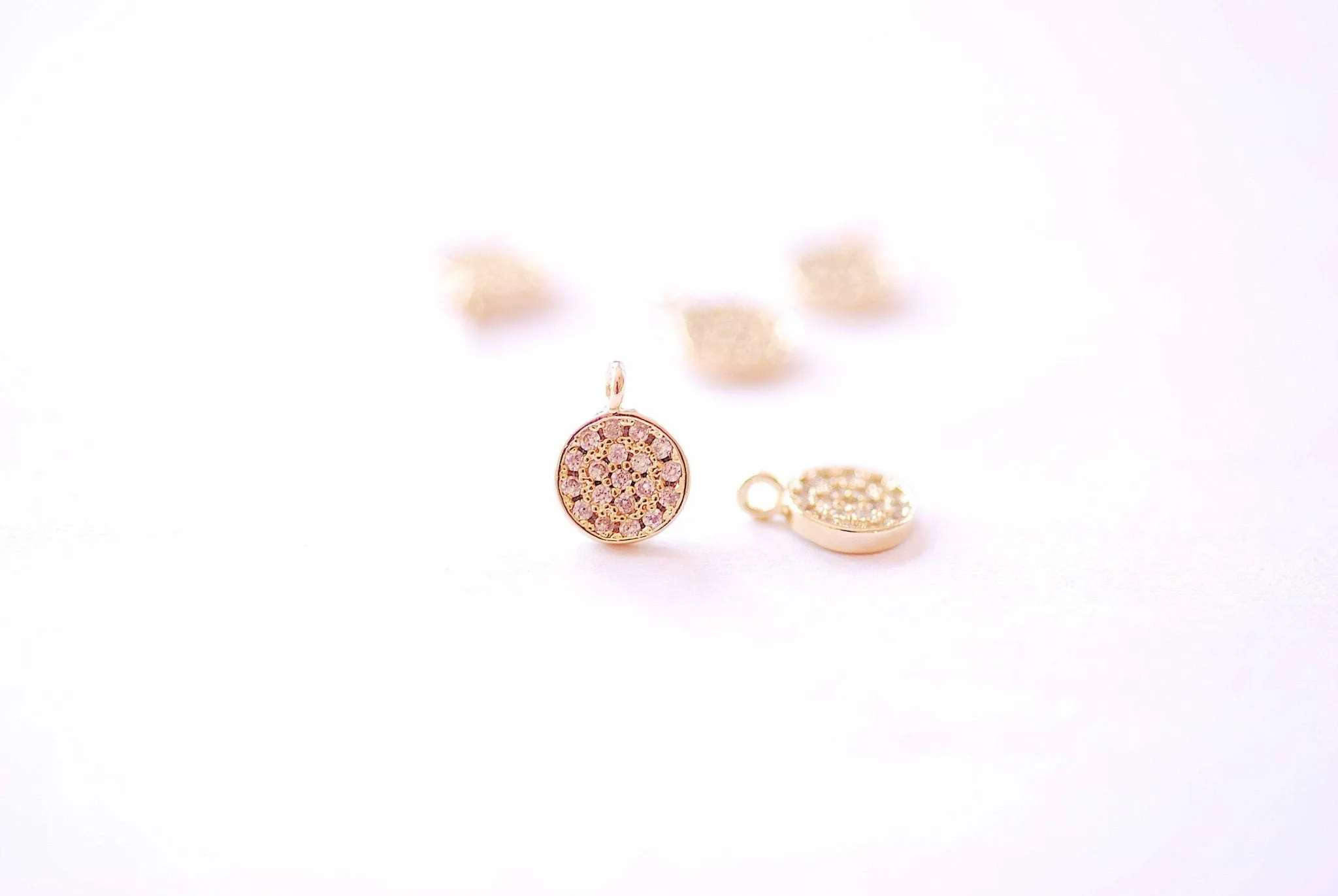 Wholesale 7mm Round Disc Circle Micro Pave CZ Charm - 16k Gold Plated over Brass Cubic Zirconia Small Shiny Clear Disc DIY HarperCrown B177