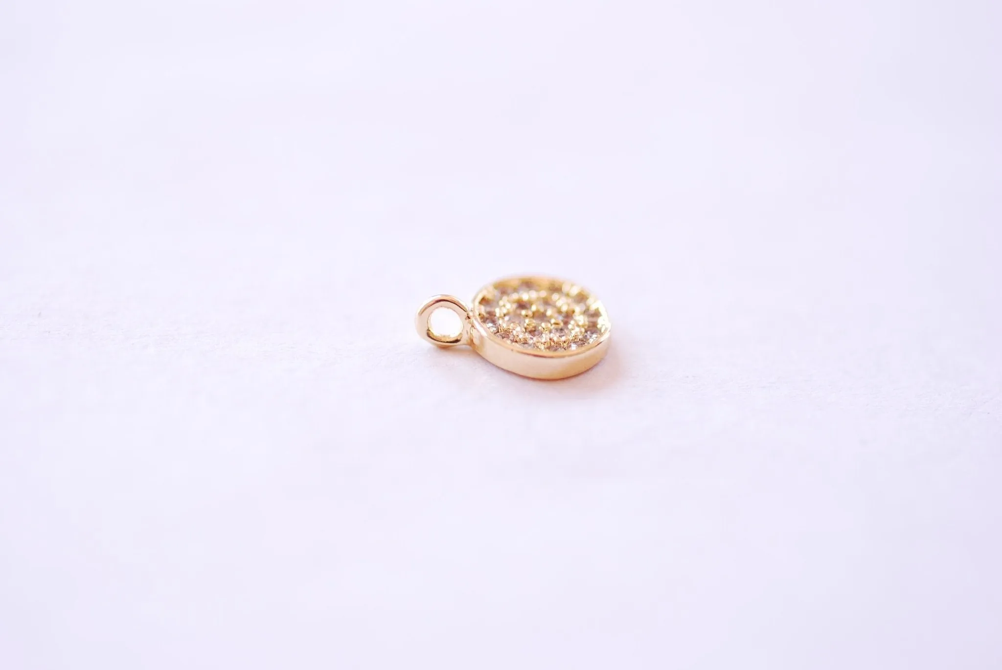 Wholesale 7mm Round Disc Circle Micro Pave CZ Charm - 16k Gold Plated over Brass Cubic Zirconia Small Shiny Clear Disc DIY HarperCrown B177