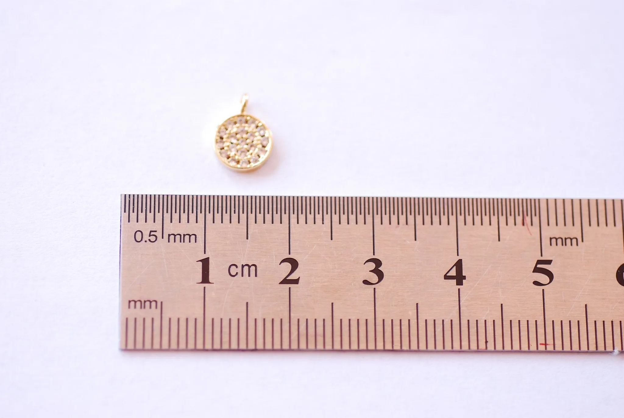 Wholesale 7mm Round Disc Circle Micro Pave CZ Charm - 16k Gold Plated over Brass Cubic Zirconia Small Shiny Clear Disc DIY HarperCrown B177